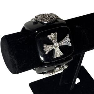 Black Acrylic Bracelet with Silver Cross and Crown Design 2.5”